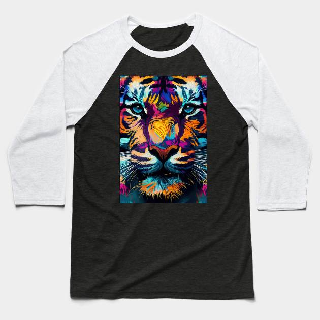 Pop Art Tiger Face In Vibrant Colors - A Unique and Playful Art Print For Animal Lovers Baseball T-Shirt by Whimsical Animals